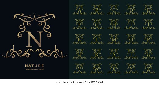 Letter N or collection initial alphabet with luxury ornament floral frame golden logo template.