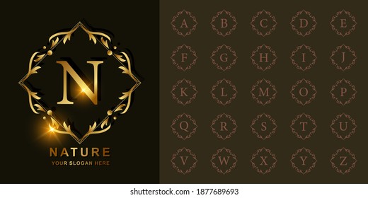 Letter N or collection initial alphabet with luxury ornament floral frame golden logo template.
