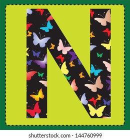 The letter N with colorful butterflies to the square.