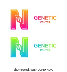 Letter N colorful with DNA structure and genetic biotechnology concept logotype. Helix molecules and chromosomes, Medicine, science, laboratory, Technology