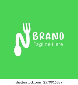 Letter N combine spoon and fork logo design. Spoon and fork with letter N logo for restaurant.