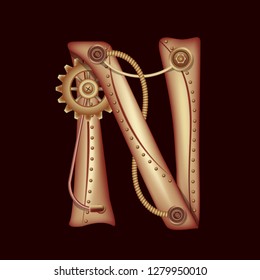 Letter N from the complete set of characters of the font. Symbol of the Latin alphabet and English language. Copper and brass fantasy mechanical steampunk construction with tubes, gears and rivets.