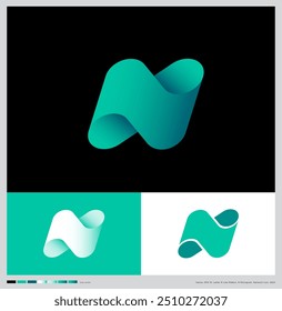 A letra N consiste em uma faixa em loop verde infinita. N monograma. Logotipo da rede.