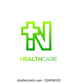 Letter N cross plus logo Green color,Medical healthcare hospital Logotype