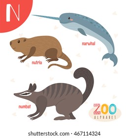 Letter N. Cute animals. Funny cartoon animals in vector. ABC book. Vector illustration