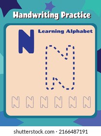 Letter N cute children colorful ABC alphabet trace practice worksheet for kids learning and handwriting layout in printable vector illustration.