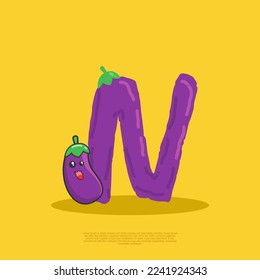 Letter N with cute eggplant sitting beside it. flat design vector