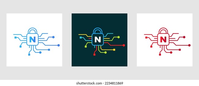 Letter N Cyber Security Logo. Internet Security Sign, Cyber Protection, Technology, Biotechnology Symbol