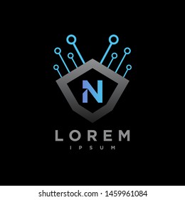 Letter N Cyber, Security technology Logo Design Vector Template