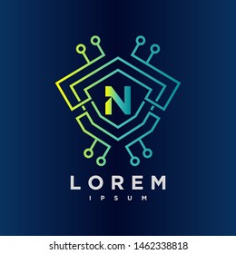 Letter N Cyber, Security, technology link Logo Design Vector Template. gradient blue color