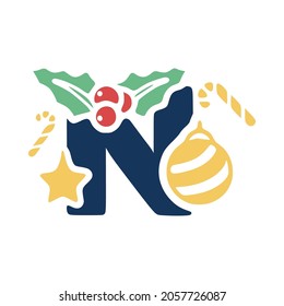 The letter n is decorated with mistletoe and Christmas elements. New Year lettering clip art.