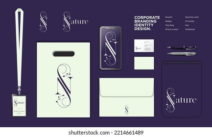 Letter N With Decorative Curls And Small Leaves. Identity, Corporate Style: Lanyard, Badge, Paper Bag, Screen, Envelope, Pen, Business Card.