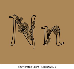 Letter N. Decorative font with floral ornaments from maple lionfish. Ecological typography