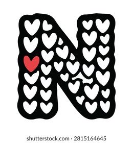 Letter N Decorative Heart Pattern Font Illustration. A hand-drawn black letter N filled with white heart patterns and one single red heart focal point on a white background. Whimsical and romantic doodle style.