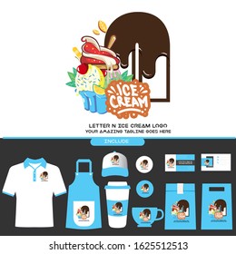 Letter N Delicious Chocolate Ice Cream Cup Logo on White Background for Ice Cream Shop with Brand Identity Include Shirt. Apron. Hat. Cup. Pin. Glass. Business Card. Paper Bag