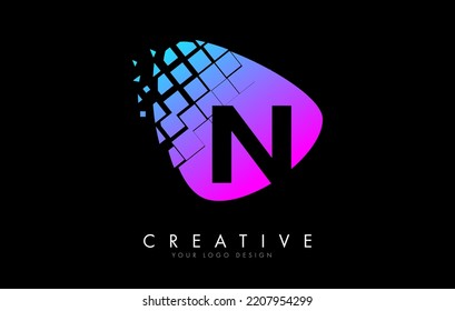 Letter N Design with Colorful Pink and Blue Shattered Blocks Vector Illustration. Pixel art of the N letter logo. 