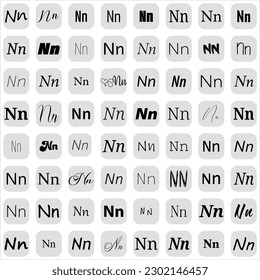 Letter N in different fonts on white background. Type design collection on grey buttons. Vector illustration.