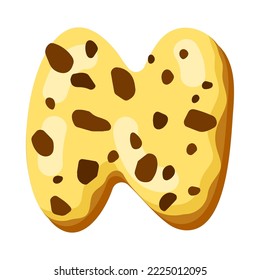 Letra n en la ilustración vectorial de tipo donut. Diseño de letra alfabética de donut de chocolate o galleta con hielo. Comida, postre, concepto tipográfico para panadería o café