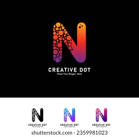 Letra N con diseño vectorial de logotipo de puntos. Alfabeto vectorial Ilustración de un logotipo colorido con burbujas. Adecuado para negocios, tecnología, afiche, nombre inicial 