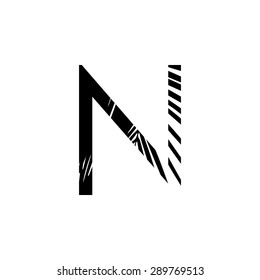 Letter N double exposure with black palm leaf  isolated. Vector illustration.Black and white double exposure silhouette letters combined with photograph of nature. Letters of the alphabet.