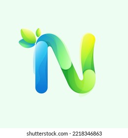 Letter N eco logo with gradient lines with green leaf. Environment friendly icon made of overlapping parts. Perfect for agriculture art, waste recycling app design, healthy food packaging.