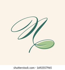 Letter N Eco logo.Typographic icon isolated on light background. Green lettering sign with leaf. Lowercase alphabet initial.