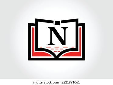 Carta N Con El Concepto Del Libro De Logotipos De Educación. Signo de la carrera de entrenamiento, Universidad, Diseño de la plantilla de vectores con el logotipo de graduación de la Academia.