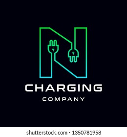 Letter N Electric Plug vector logo template. Font with green and blue gradient graphic.  Technology background. This alphabet is suitable for energy, power, cable, wire, electrical, device, connect.
