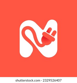 Letra N con logotipo de enchufe eléctrico. Icono negativo de la tecnología espacial. El concepto de marca de energía eléctrica. Tipo de vectores para la identidad de vehículos eléctricos, vehículos híbridos ecológicos, punto de carga y accesorios.
