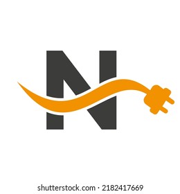 Letter N Electricity or Electrical Logo Concept with Electric Plug Vector Template