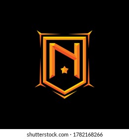 Letter N in embossed effect with pentagonal frame and gold color. Military, gaming, sport, hobby source of initial, logo, bagde and or identity.