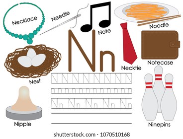 Letter N. English alphabet. Education for children. Writing practice of capital and small letters.