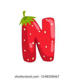 Letter N of English alphabet made from ripe fresh srawberry, bright red berry font vector Illustration on a white background