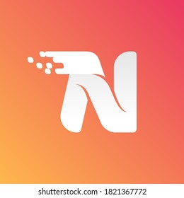 Letter N fast speed logo with checkered pixels pattern on the gradient background. Flat vector design can be used for delivery ads, technology poster, sport identity, etc.