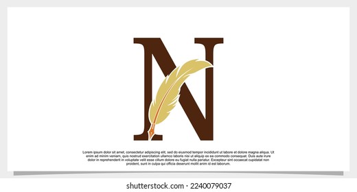 letter n feather logo design with feather pen icon concept