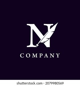 Letter N with Feather Quill Pen Notary Writer Journalist Logo Design Inspiration