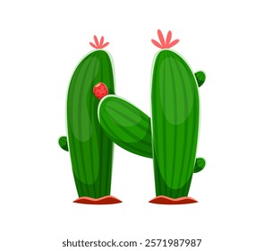 Letter N featuring cartoon cactus plant with thorns, flowers. Playful western cowboy font character, wild west typeface, English alphabet type symbol in playful shape of succulent desert flower