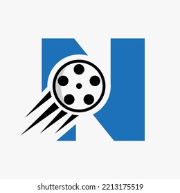 Letter N Film Logo Concept With Film Reel For Media Sign, Movie Director Symbol Vector Template