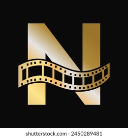 Letter N with Films Roll Symbol. Strip Film Logo For Movie Sign and Entertainment Concept