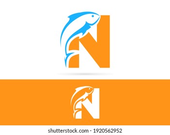 Letter N fish logo design. Vector combination of animals and letter