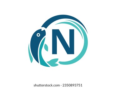 Letter N Fish Logo design. Water Animal icon. Font emblem. Modern vector logotype for business and company identity.