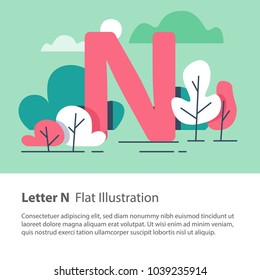 Letter N in floral background, park trees, decorative alphabet character, simple font, education concept, vector flat design, minimalist illustration