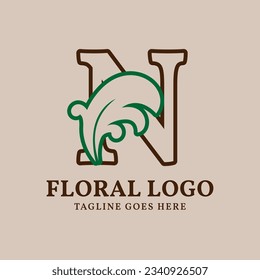 letter N floral outlined vintage leaf color vector logo design
