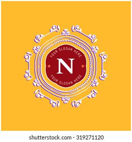 The letter N. Flourishes calligraphic monogram emblem template. Luxury elegant frame ornament line logo design vector illustration. Example designs for Cafe, Hotel, Jewelry, Fashion, Restaurant