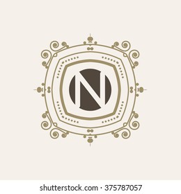 The letter N. Flourishes calligraphic monogram emblem template. Luxury elegant frame ornament line logo design vector illustration. Example designs for Cafe, Hotel, Heraldic, Restaurant, Boutique