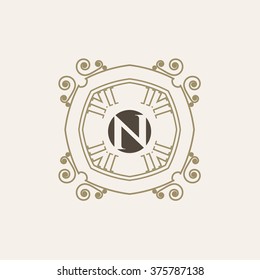 The letter N. Flourishes calligraphic monogram emblem template. Luxury elegant frame ornament line logo design vector illustration. Example designs for Cafe, Hotel, Heraldic, Restaurant, Boutique