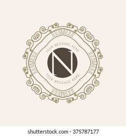 The letter N. Flourishes calligraphic monogram emblem template. Luxury elegant frame ornament line logo design vector illustration. Example designs for Cafe, Hotel, Heraldic, Restaurant, Boutique