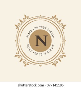 The letter N. Flourishes calligraphic monogram emblem template. Luxury elegant frame ornament line logo design vector illustration. Example designs for Cafe, Hotel, Heraldic, Restaurant, Boutique