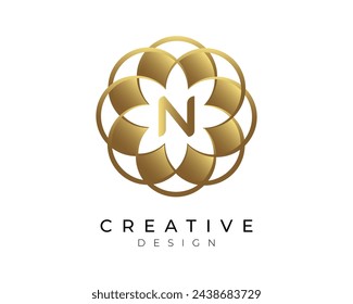 Letter N Flower Golden Logo Design Template.