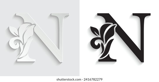  letter N  flower letters. Vintage ornament initial Alphabet. Logo vector	